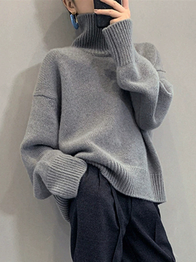Jmprs Lazy Wind Grey Turtleneck Sweaters Women Vintage Loose Knitted Pullovers Streetwear Retro Harajuku Long Sleeve Simple Tops