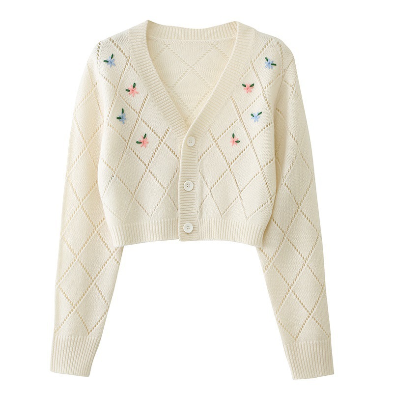 2025 Spring Autumn Korean Style Flower Embroidery Short Cardigan Women Sweet Fashion Argyle Hollow Out Sweater Coat Knitted Tops