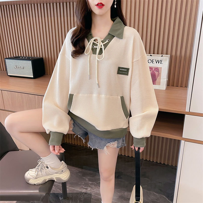 Fake Two Waffle Hoodies Women's Lazy Style New Small Loose Thin Short Jacket Trendy