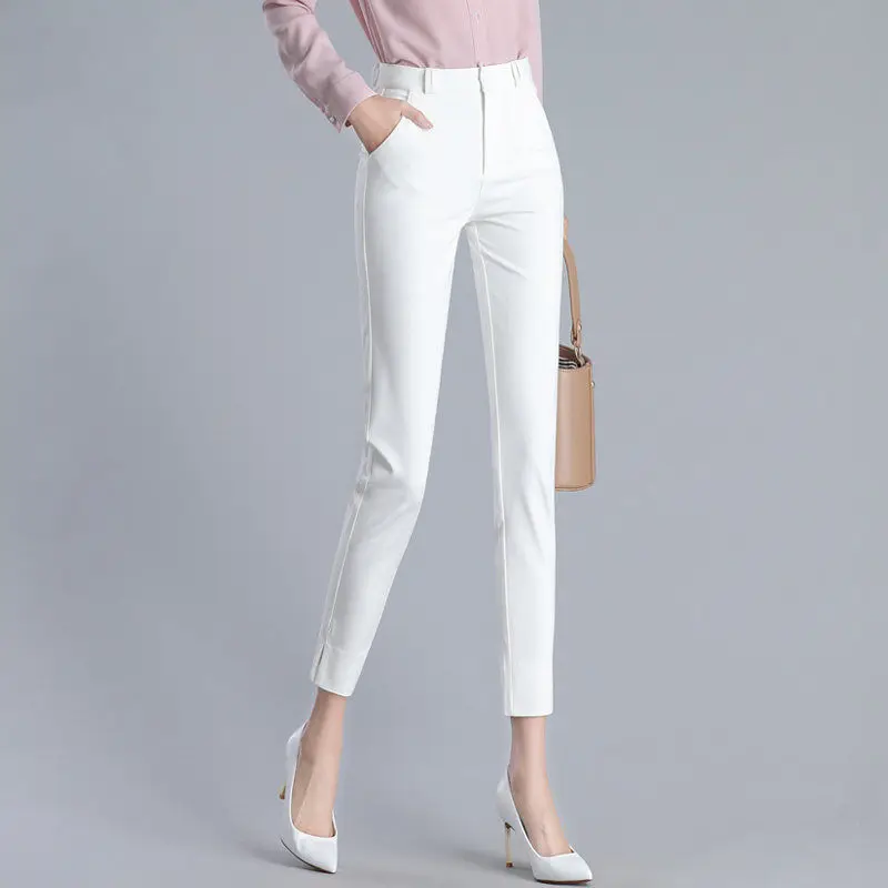 Women's Clothing Trouser Suits Trousers Office Lady Button Solid Color Pockets Spring Autumn Zipper Pencil Cropped Pants
