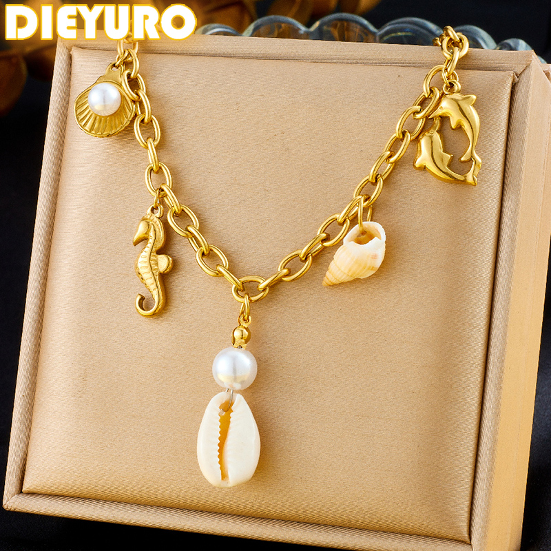 DIEYURO 316L Stainless Steel Golden Seahorse Dolphin Pearl Shell Necklace For Women Girl Fashion New Trend Jewelry Gift Joyas