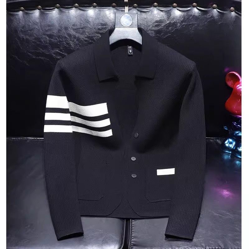 Men's Clothing Turn-down Collar Spring Autumn Button Striped Long Sleeve Cardigan Sweater Knitted Coats Casual Fashion Tops