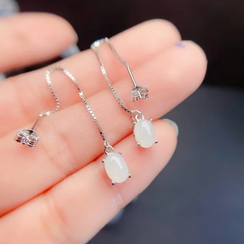 Sterling Silver Long Chain Earrings 5mm*7mm Natural White Jade Earrings Allergy Free 18K Gold Plated Jade Jewelry