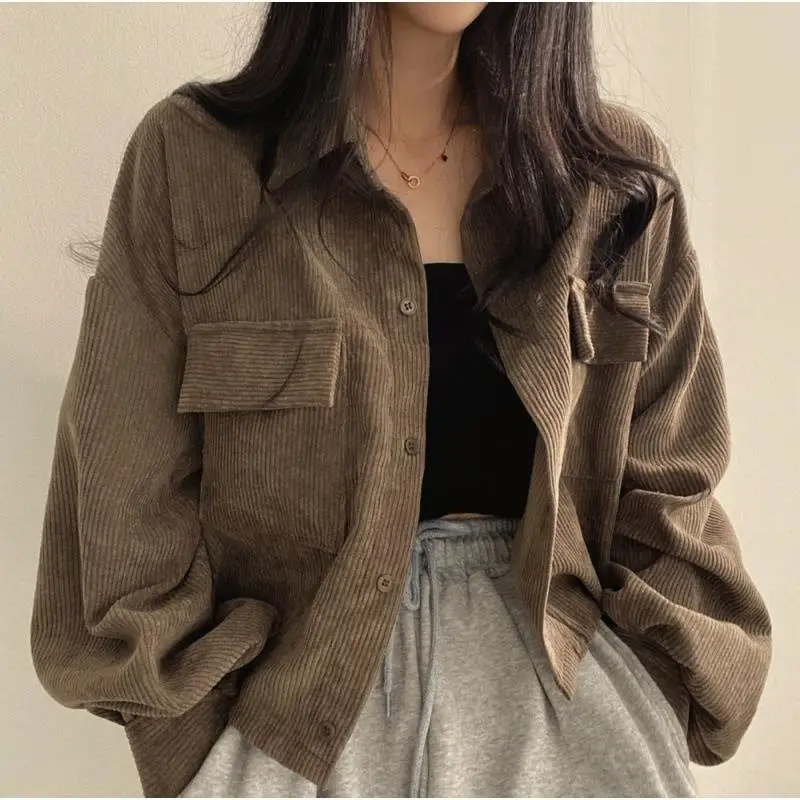 Women's Vintage Loose-Fit Corduroy Thickened Long Sleeve Shirt Jacket Spring Autumn New Style Salt System Clothing
