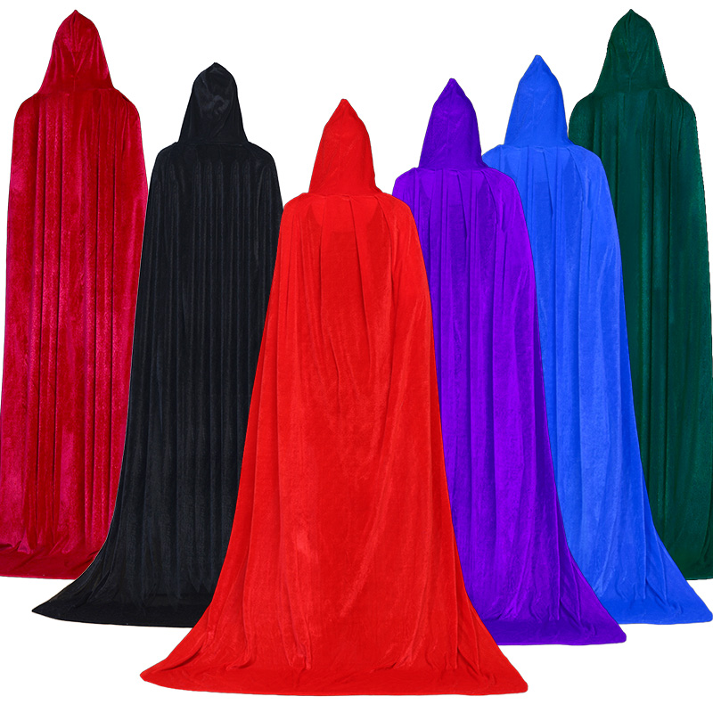 Golden Velvet Halloween Witch Cosplay Cloak Hooded for Adult Kid Red Black Purple Green Witch Grim Reaper Long Cape