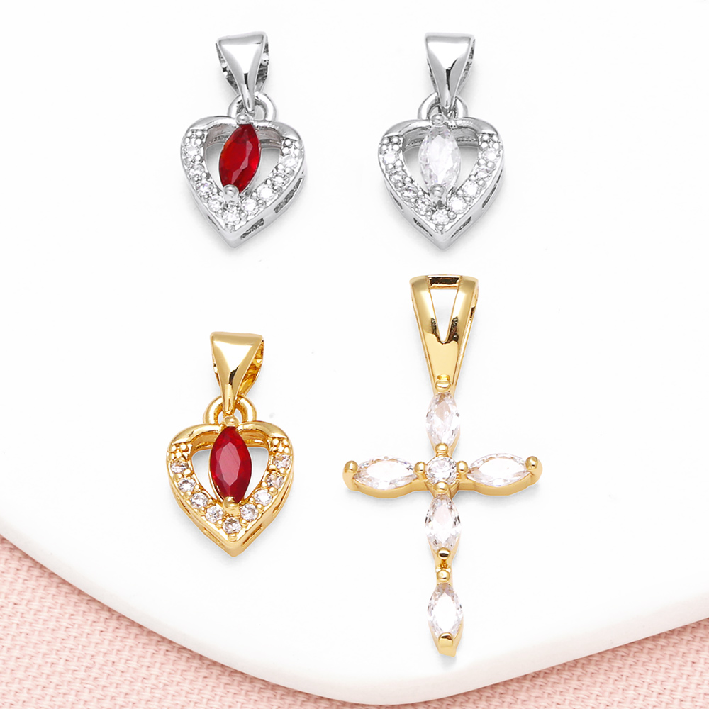 OCESRIO Red Oval Crystal Silver Color Heart Pendant for Necklaces Copper Gold Plated Cross Jewelry Making Supplies pdtb701