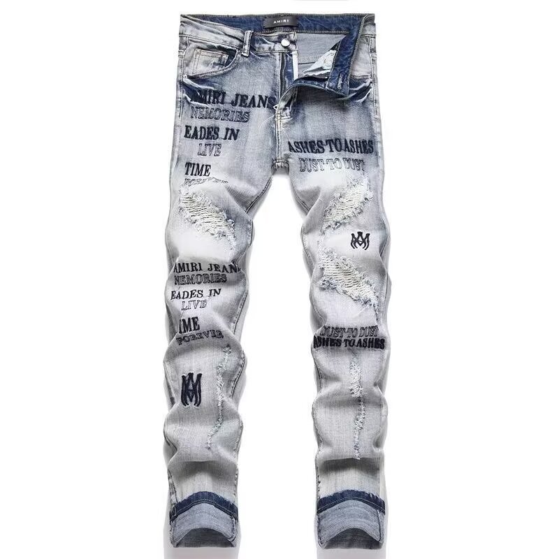 AM Jeans Designer Jeans Men's Jeans High Stretch Skinny Pants Color Distressed Black Streetwear Button Ripped Brand Hip Hop High Street Jeans C