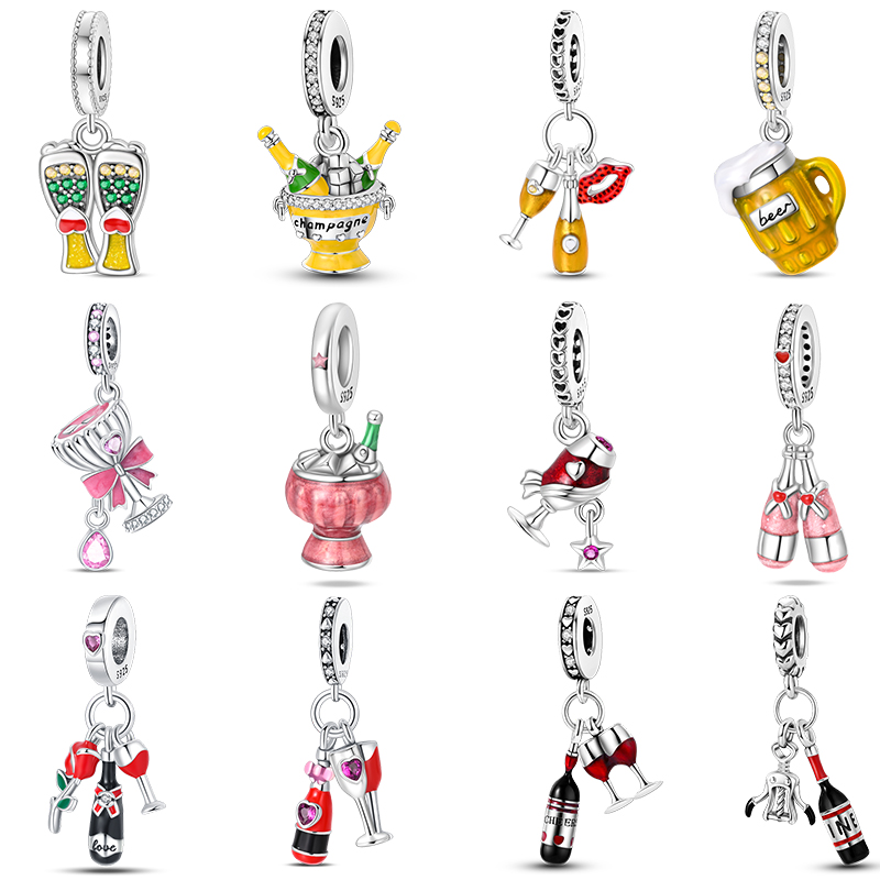 Fashion 925 Sterling Silver Beer Red Wine Cocktail Charms Beads Pendants Fit Qikaola 925 Original Bracelets DIY Party Jewelry