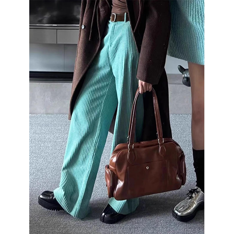 PBAP Vintage Solid Striped Corduroy Trousers Women Autumn Loose Draped High Waist Wide Leg Straight Pants Lounge Casual Clothes
