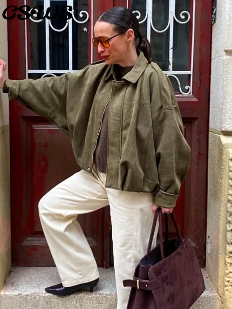 Fashion Short Suede Women's Jacket Loose Solid Lapel Zipper Long Sleeve Street Coat Female 2025 á¸Spring Lady Green Outwears
