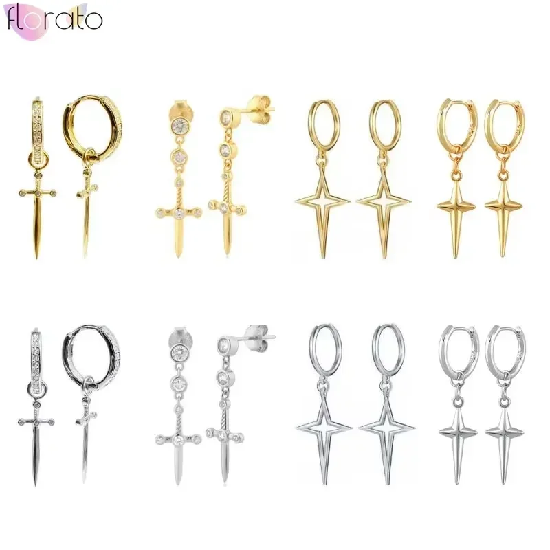 High Quality 925 Sterling Silver Needle Metal Dagger Cross Pendant Hoop Earrings for Women Charm Sword Earring Vintage Jewelry
