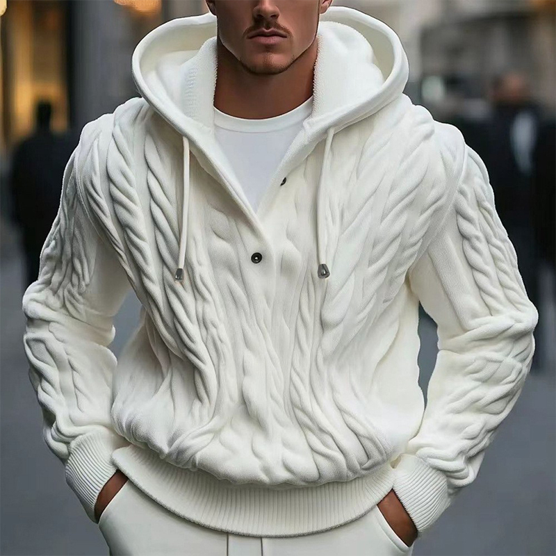 Men's Winter Knit Button-Down Jacquarded Hooded Sweater Long Sleeve Solid Color Knitwear Retro Leisure Drawstring Hoodie M-3XL