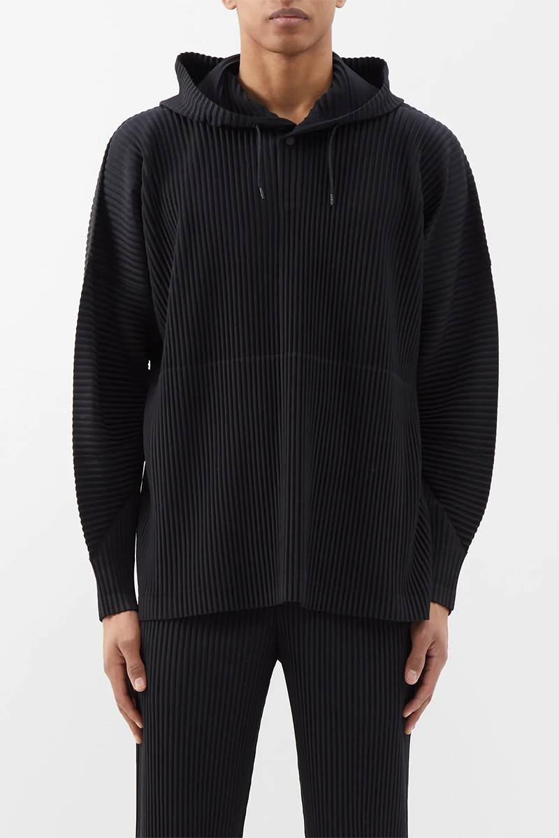 Miyake Fold 2025 Spring New Long-sleeved Casual Shirt Loose Outline Hooded Jumper Solid Color Hoodie Men