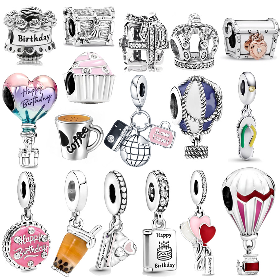 NEW Happy Birthday Cakeï¼Balloonï¼Beer Dangle Charm Beads Fit Original 925 Sterling Silver Bracelet DIY Women Jewelry Gift