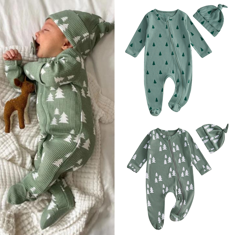 FOCUSNORM Newborn Baby Girls Boys Christmas Romper Sets Xmas Tree Print Long Sleeve Zip-Up Footed Jumpsuits Knot Hat