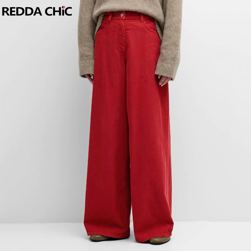 REDDACHiC Red Solid Baggy Jeans Women Trousers Work Casual Loose Fit High Waist Straight Wide Leg Denim Pants Vintage Streetwear