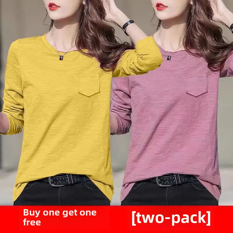 Bamboo Cotton Long Sleeve T-Shirts Women's Loose-Fit Solid Color Base Layer Top2024 Spring Autumn Korean Style Plus Size