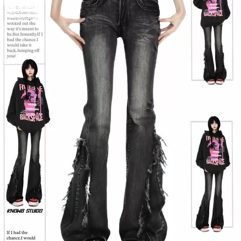 Women Black Gothic Baggy Flare Jeans High Quality American Vintage Cat Whisker Fringed Low Waist Slim Fit Low-rise Y2k Pants