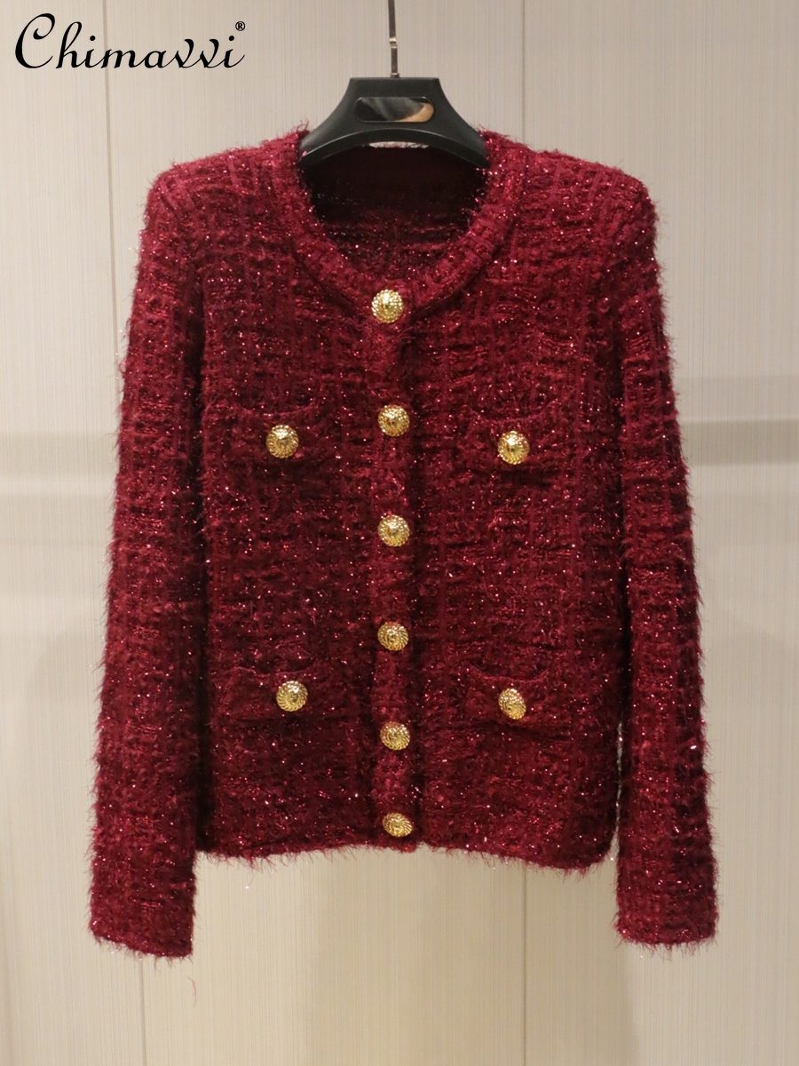 Burgundy Sweater Jacket Women's Autumn and Winter High-end Fashion New Year Red Christmas Elegant Long-sleeved Knitted Cardigan