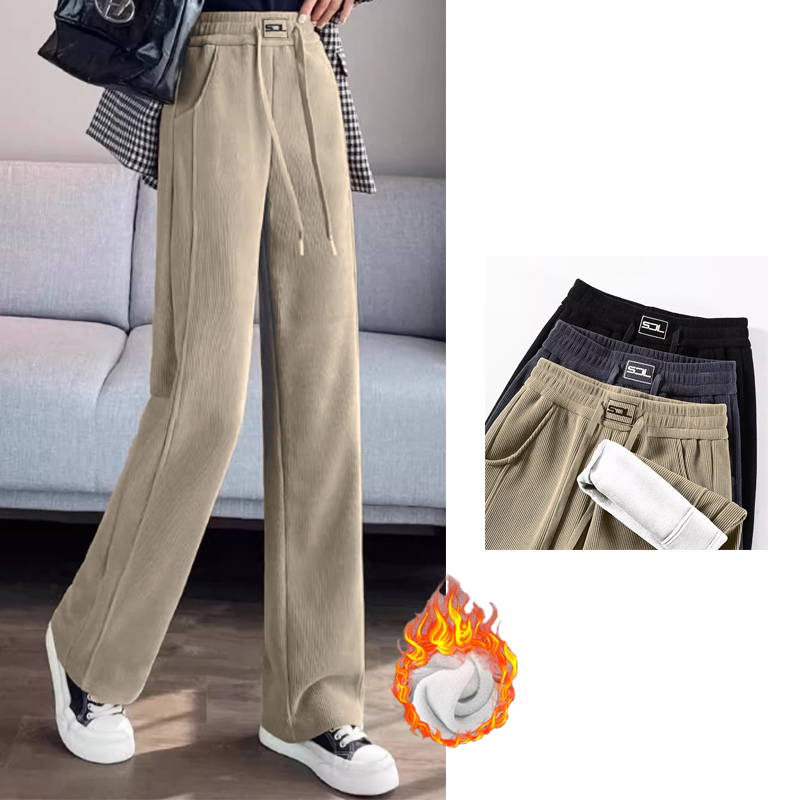 Winter Women Classic Korean Style Snow Warm High Waisted Pants Lady Leisure Concise Wide Leg Straight Leg Plush Thermal Trousers