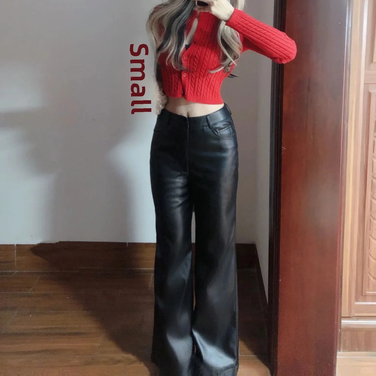 Black High-Waisted Elastic PU Leather Straight-Leg Long Pants Plus Size Women's Autumn Plus-Size Micro-Flared Pants