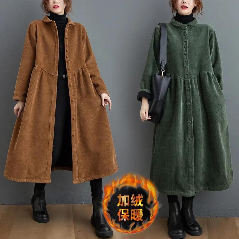 DAILOU 2024 Winter Women Trench Fleece Long-sleeved Loose Corduroy Solid Color Vintage Fashion Casual Women Long Warm Coat