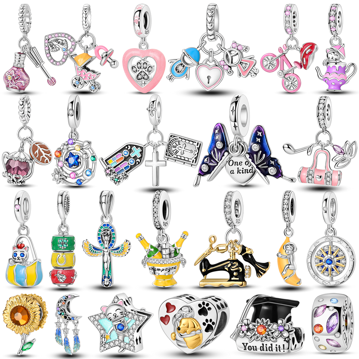 925 Sterling Silver Charm Beads Clover Egyptian Goddess of Life Butterfly Dangle Fit Original Bangle Bracelet DIY Jewelry