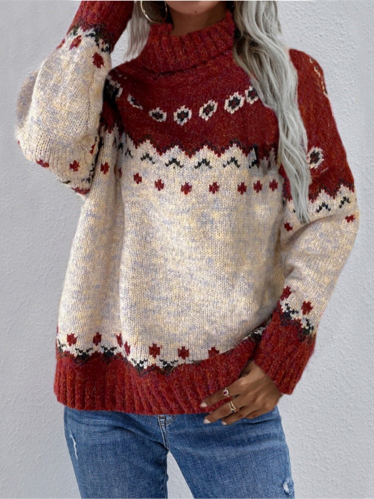 Ugly Christmas jacquard knitted thick Sweater Women Autumn Winter 2024 New Fashion Loose high neck Long Sleeve Pullovers Jumper
