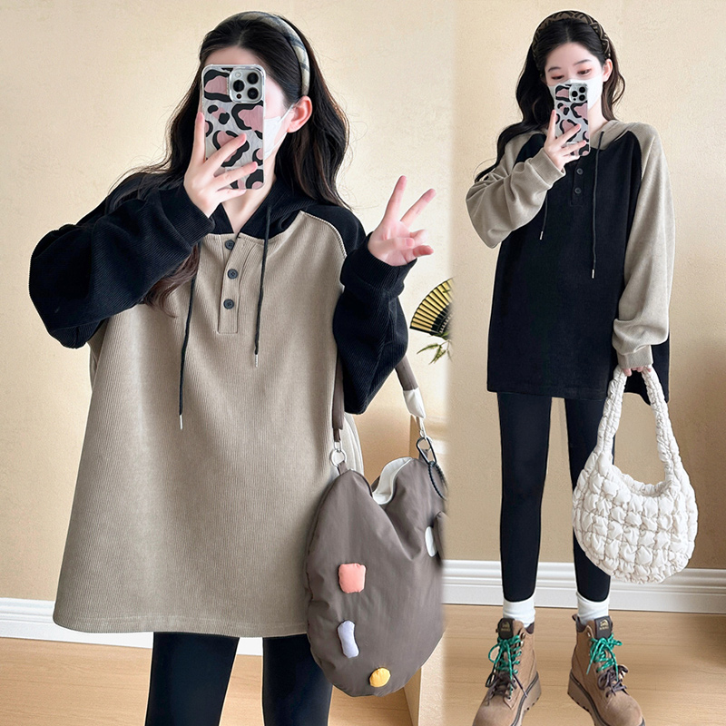 Plus Size Pregnant Woman Hoodies Autumn Fashion Block Color Patchwork Hooded Sweatshirts Maternity Pullovers Loose Casual Top