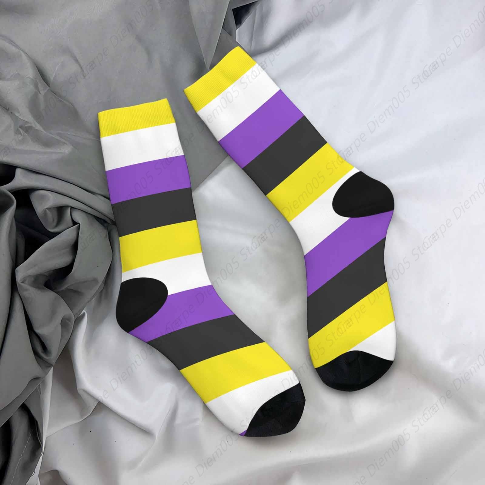 Non-Binary Flag Mens Fun Dress Socks Yellow Purple Black Striped Socks For Women Funny Novelty Crazy Design Cotton Socks