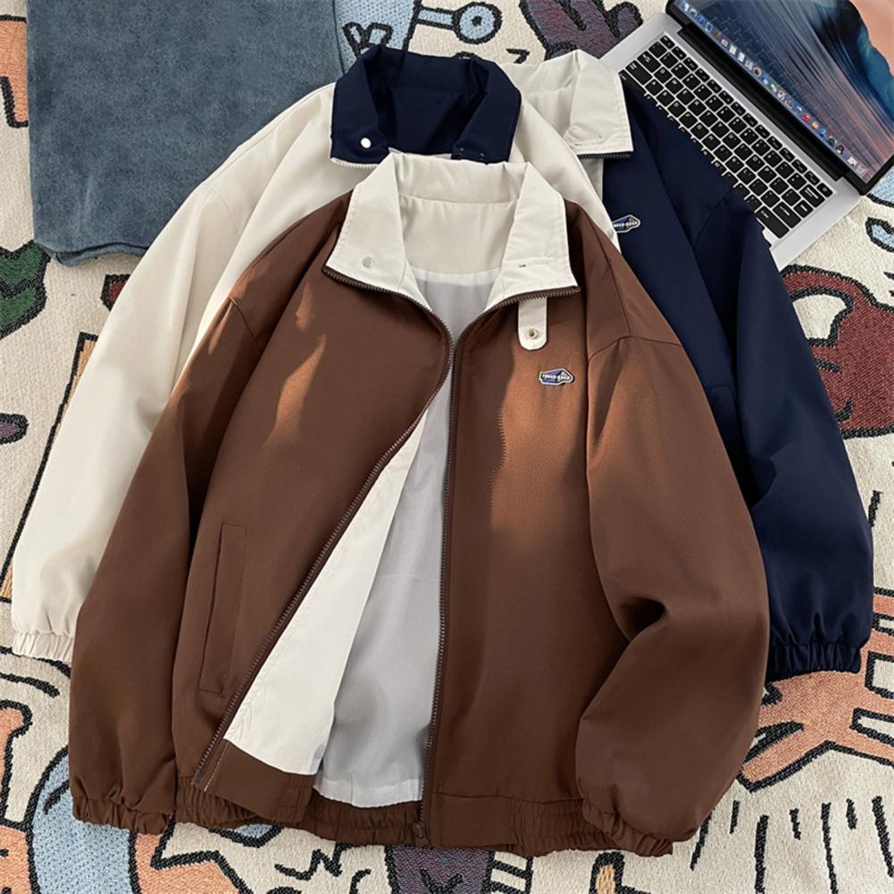 Spring Fall Men Jacket Lapel Long Sleeve Zipper Placket Male Coat Color-Blocking Design Loose Outerwear With Pockets