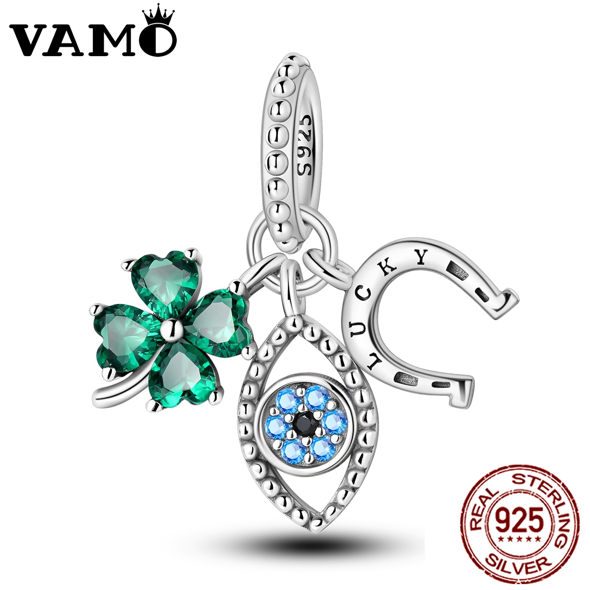 VAMO Real 925 Sterling Silver Charms Bead CZ Zircon Clover Blue Eyes Horseshoe Pendants Fit Original Bangle Bracelet DIY Marking