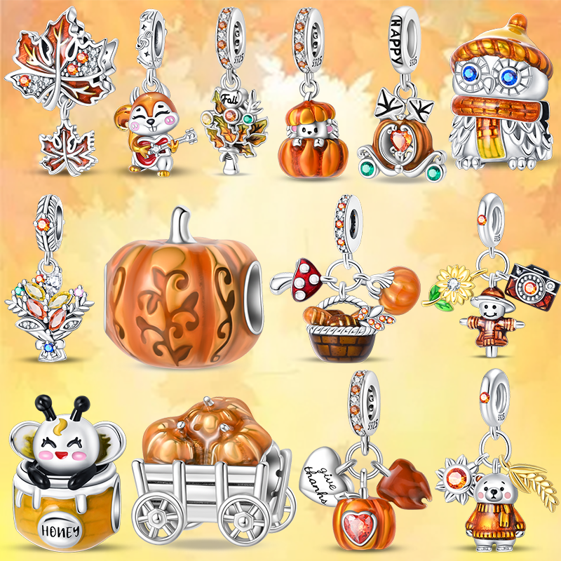 New 925 Sterling Silver Pumpkin Charms Beads Autumn Series Maple Leaf Pendant Fit Original Necklace Bracelet Jewelry