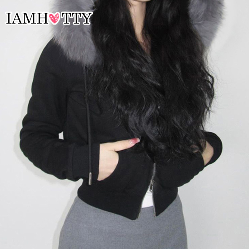 IAMHOTTY Korean Style Faux Feather Hooded Jacket Black Casual Basic Zipper Cardigan Chic Elegant Pockets Coat Retro Fall Winter