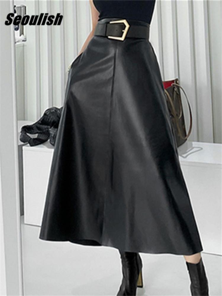 Seoulish Classic Black Faux PU Leather Long Skirts with Belted 2024 New High Waist Umbrella Skirts Ladies Female Autumn Winter