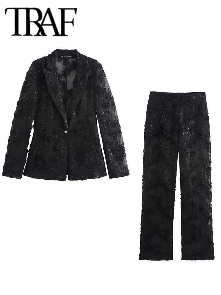 Sequin Pants Sets For Women 2 Pieces 2025 New Fashion Translucent Blazer Coat Women's Suit Elegant Two Piece Women Outfit