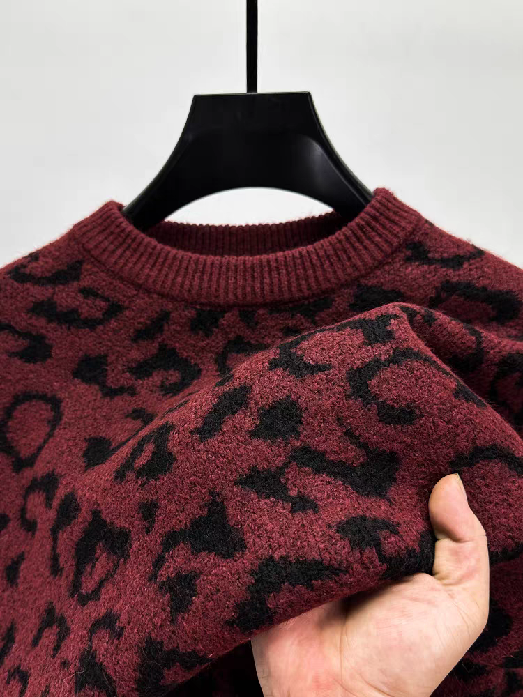 Fashion leopard print jacquard round neck sweater men's autumn winter designer new trend Korean casual youth warm knit pullover