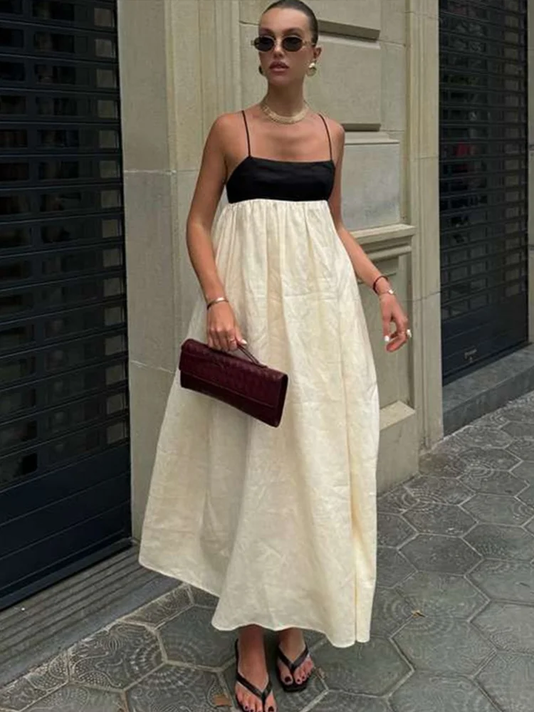 Black White Patchwork Slip Dresses Pleated Loose Color Contrast French Sexy Women Linen Suspender Long Dress Fashion Maxi Robes