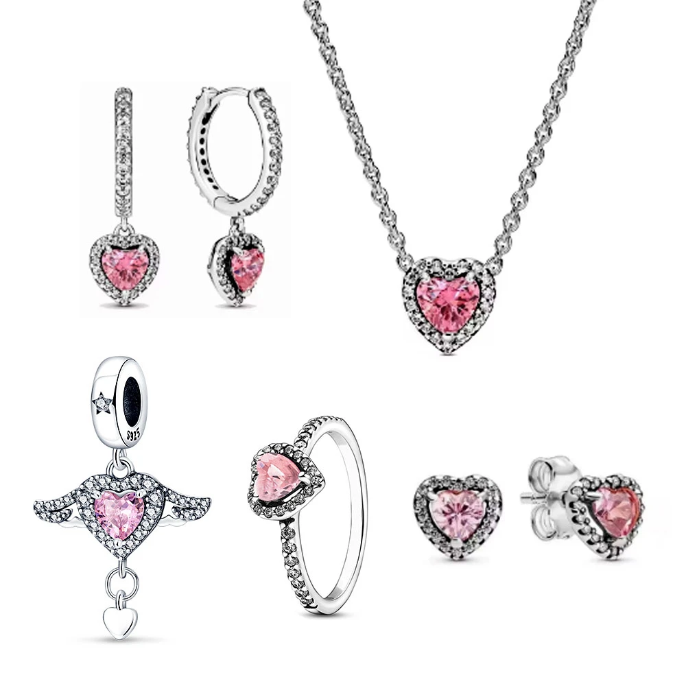 Series Sterling Silver 925 Pink Shiny Love Full of Diamond Jewelry Set Charm Ring Necklace Earrings Women Exquisite Jewelry Gift