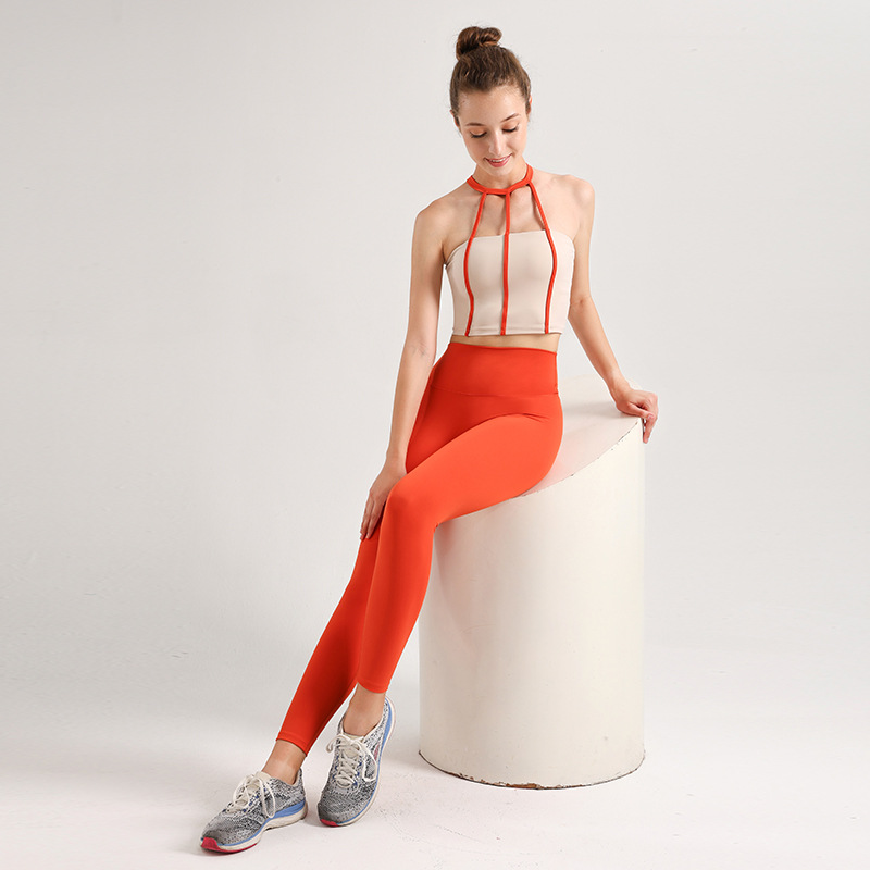 Women Yoga Two Piece Set Halter Neck Straps Crop Top Sexy Vest Long High Waist Leggings Skin-friendly Breathable Gym Fitness Set