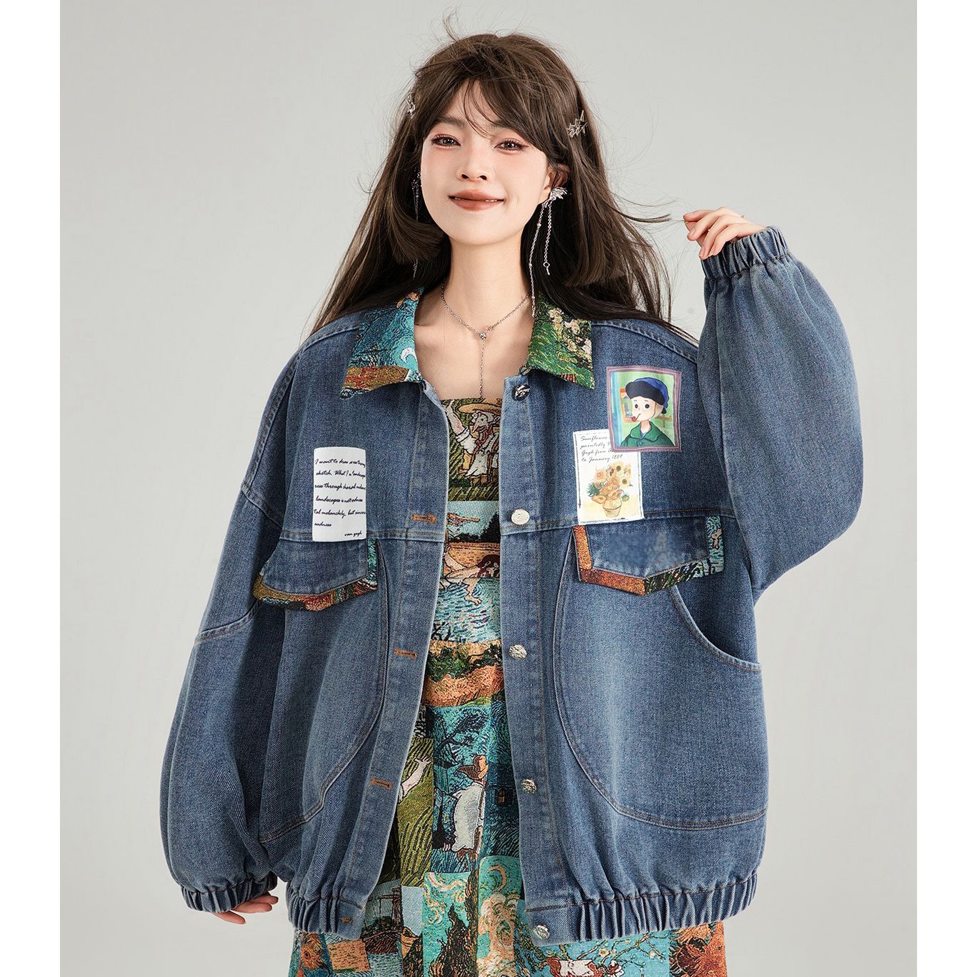 Retro Jeans Jacket for Women Spring and Autumn French Art Jacquard Bow Decoration Loose Casual Polo Neck Denim Coat Women Top