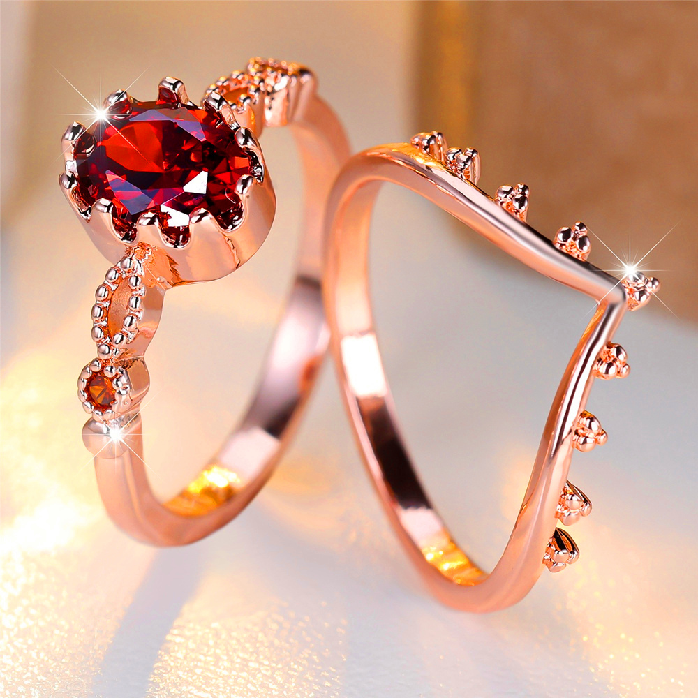 Crystal Female Red Zircon Oval Stone Ring Set Fashion Vintage Rose Gold Color Bridal Wedding Engagement Jewelry For Women