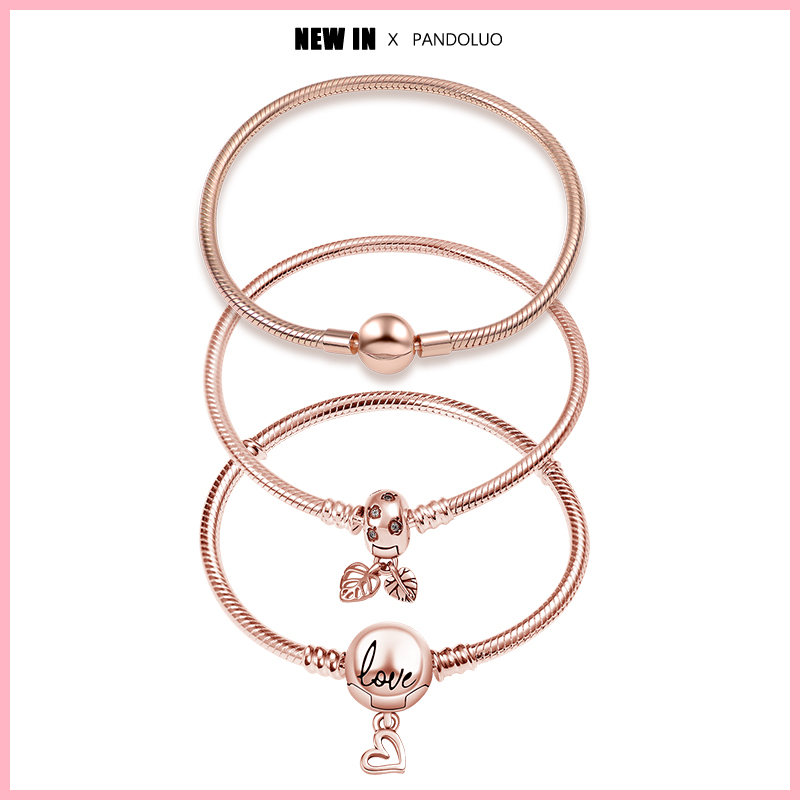 Hot Sale 925 Silver Original 17-20CM Rose Gold Series Hand-Painted Heart Chain Snake Bracelet For Women DIY Charms Jewelry Gifts