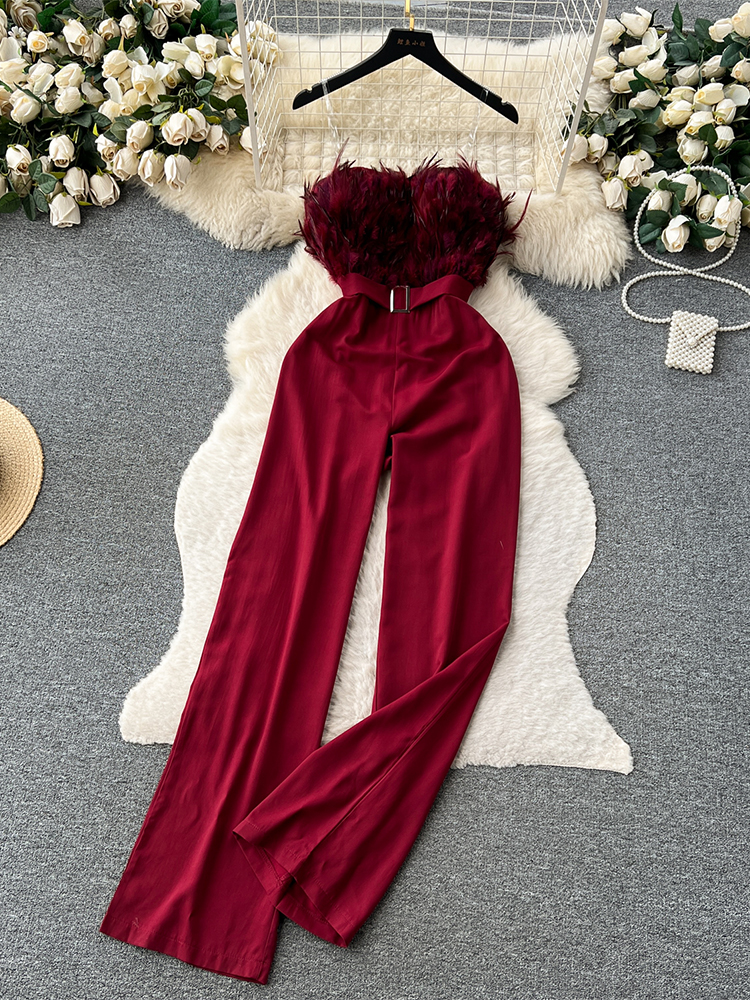 Women's Clothing Vintage Patchwork Jumpsuits Y2k Wine Red Playsuits Sleeveless Overalls Fashion Korean Wide Leg Rompers Pants