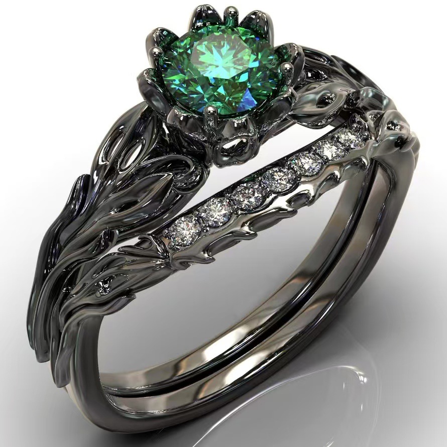 Fashion new women's two-piece ring electroplating gun black inlaid emerald casual commuting jewelry