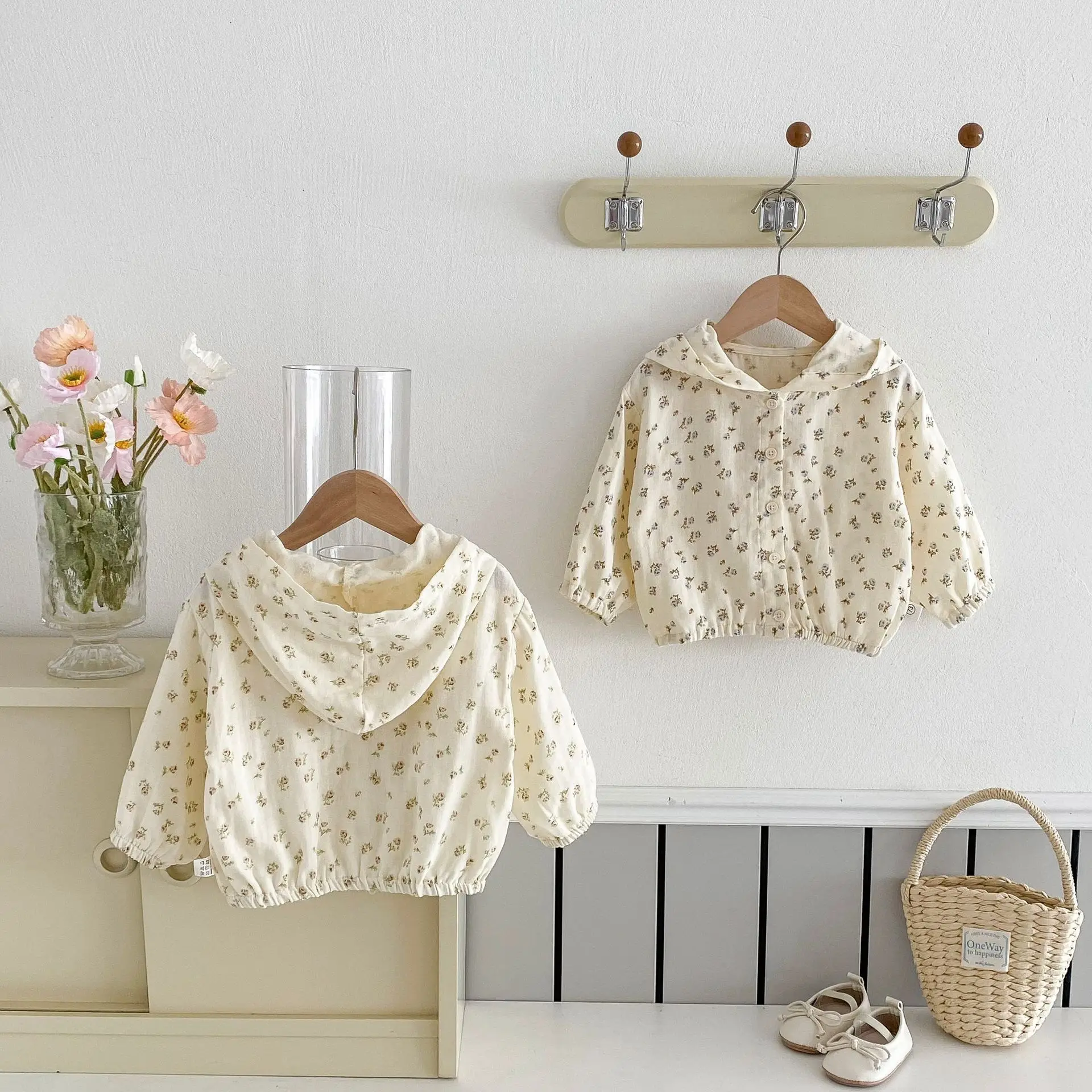 Korean Style Children's Clothing Floral Printed Hooded Baby Girls Cardigan Spring Autumn Sunscreen Jackets for Kids Girl