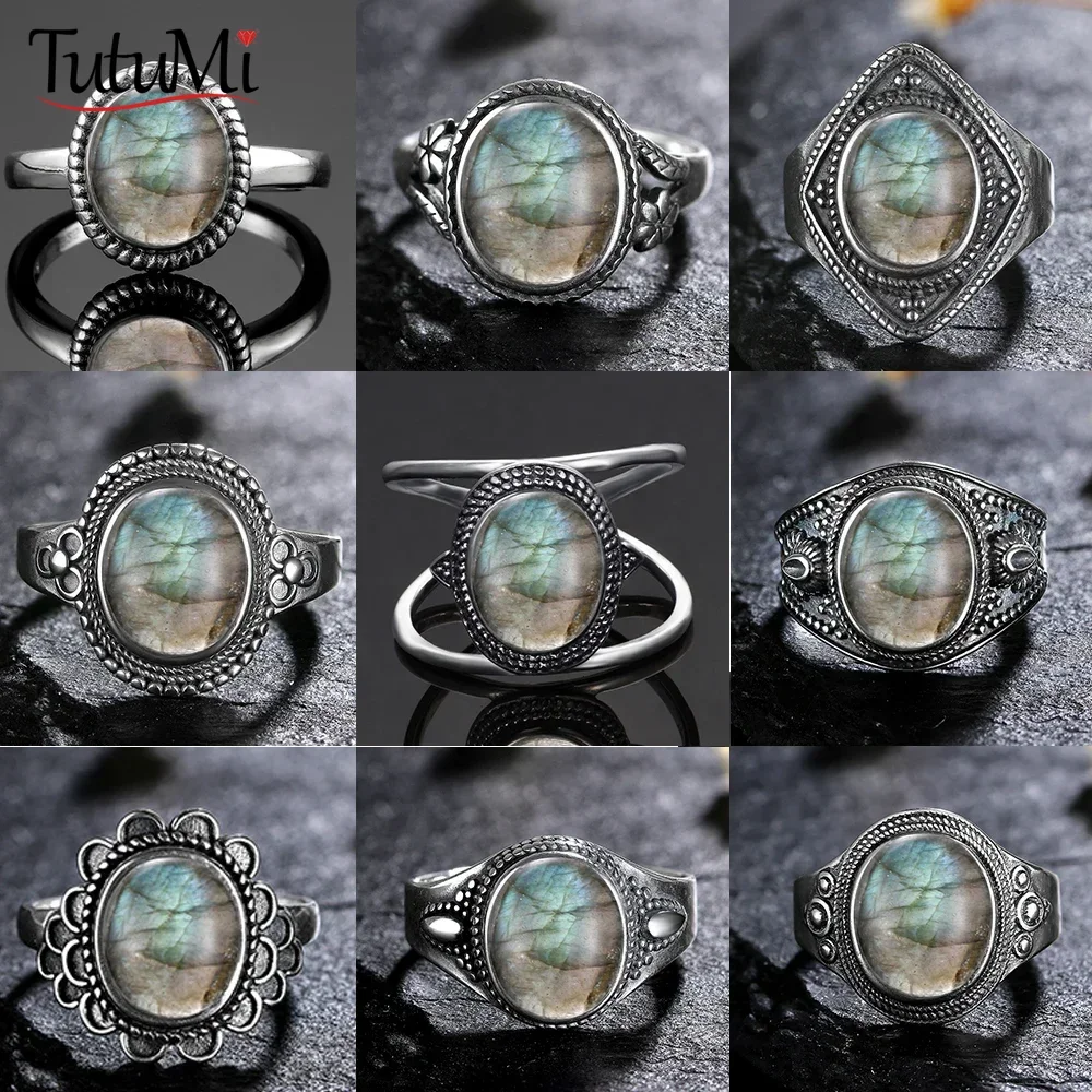 925 Sterling Silver Ladies Vintage Rings Natural Labradorite Vintage Finger Rings Luxury High Jewelry Gift Rings For Women