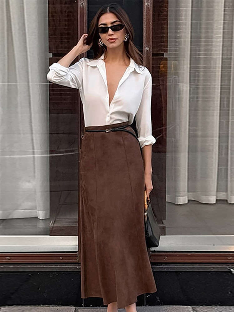 Vintage Suede Brown Long Skirts Women Elegant Loose High Waist Skirt Female Spring Versatile Fashion Daily Office Streetwear