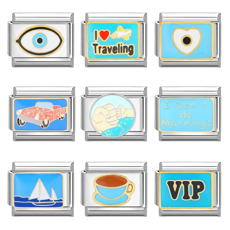 New Blue Series Coffee Cup Beach Coconut Tree Italian Charm Links Fit 9mm Bracelet Stainless Steel DIY Jewelry Making