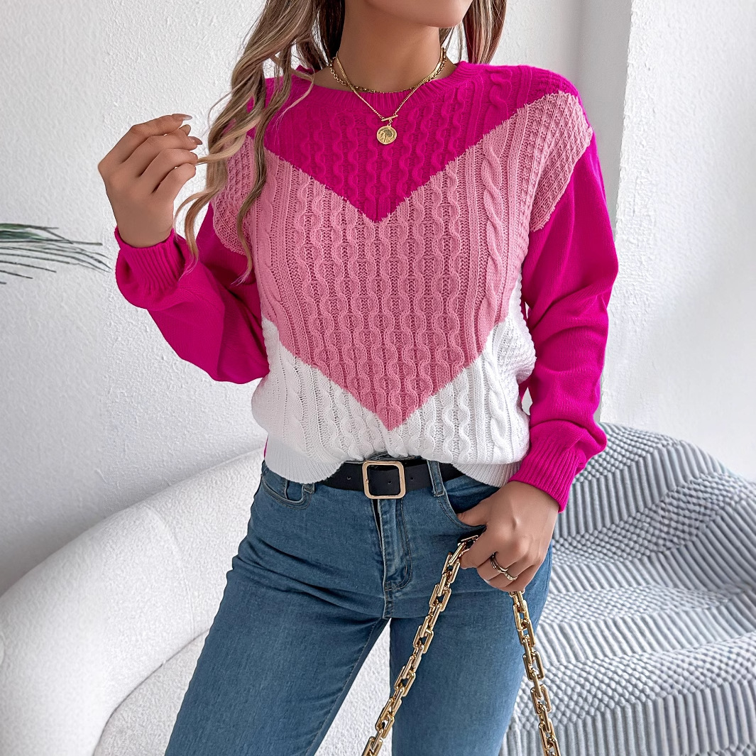 Autumn And Winter Casual Color Matching Fried Dough Twists Lantern Sleeve Pullover Sweater For Women O Neck Knitted Jumpers Tops